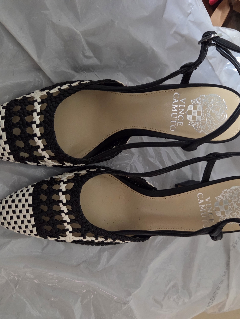 Vince Camuto Black and White Woven Slingback Pointed-Toe Heels